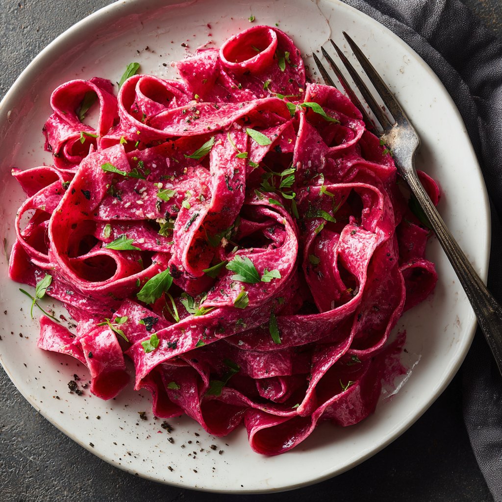 Pink Beetroot Fettuccine with Cream Sauce
